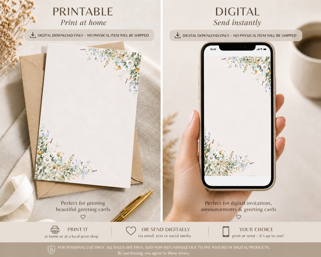 Minimal Floral Greeting Card for Any Occasion -Printable & Digital (Instant Download)